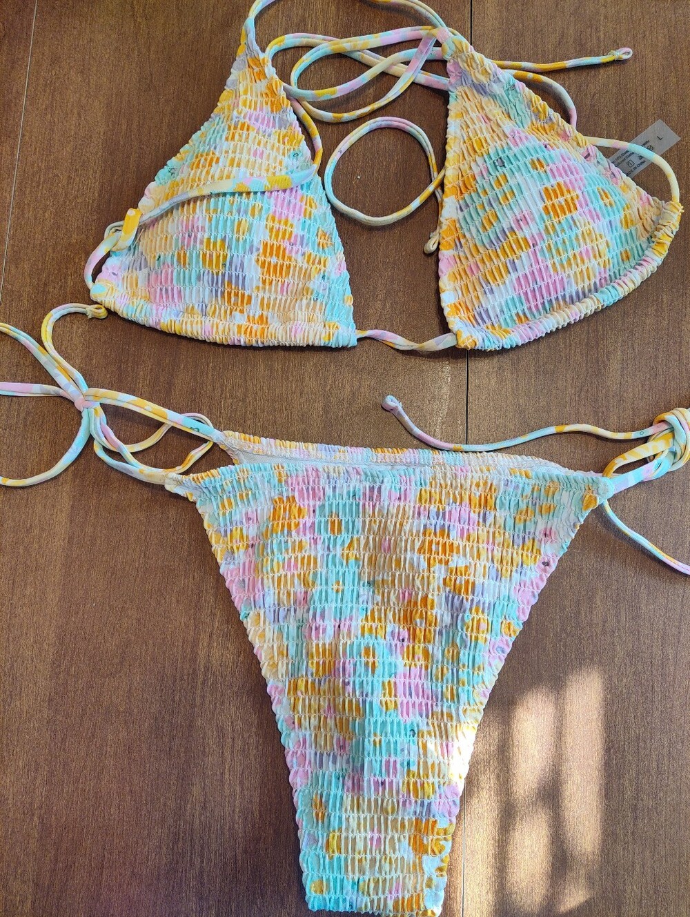 SHEIN Pastel Yellow Pink Aqua Tie-Dye Smocked Bikini